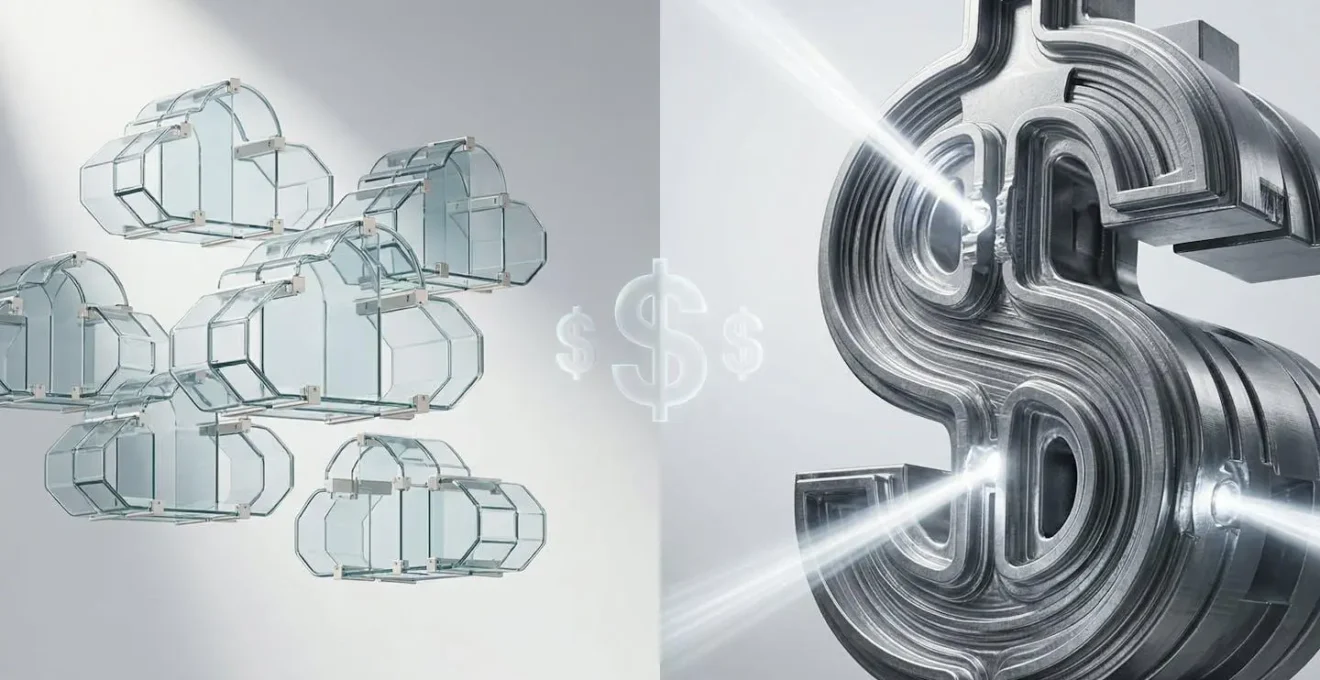 Business team analyzing software options comparing SaaS and custom build solutions with budget visualizations