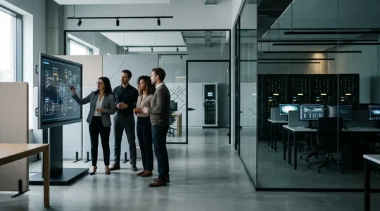 IT professionals collaborating on strategic project in modern office while support system runs smoothly in background