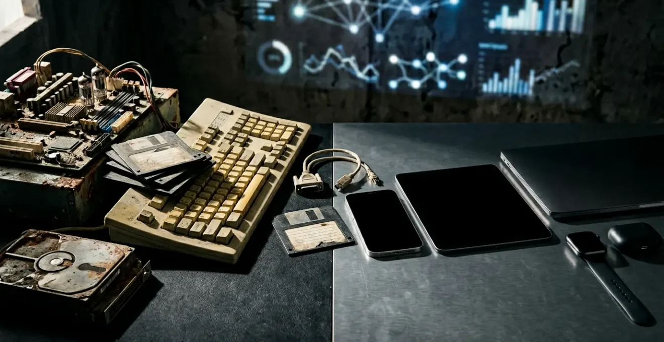 Futuristic tech analyst examining obsolescence patterns through holographic data displays