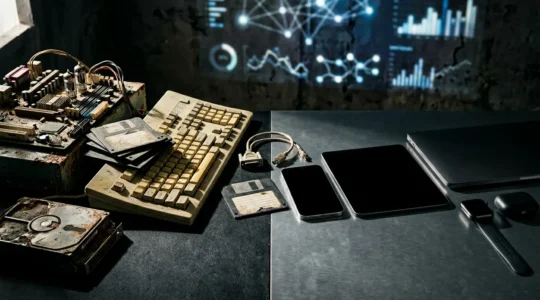 Futuristic tech analyst examining obsolescence patterns through holographic data displays