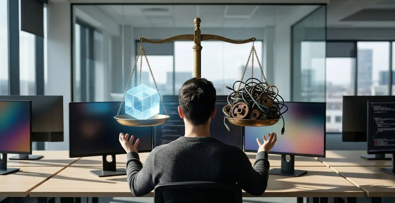 Developer balancing code quality and technical debt on a scale in modern office environment