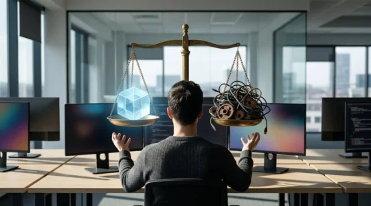Developer balancing code quality and technical debt on a scale in modern office environment