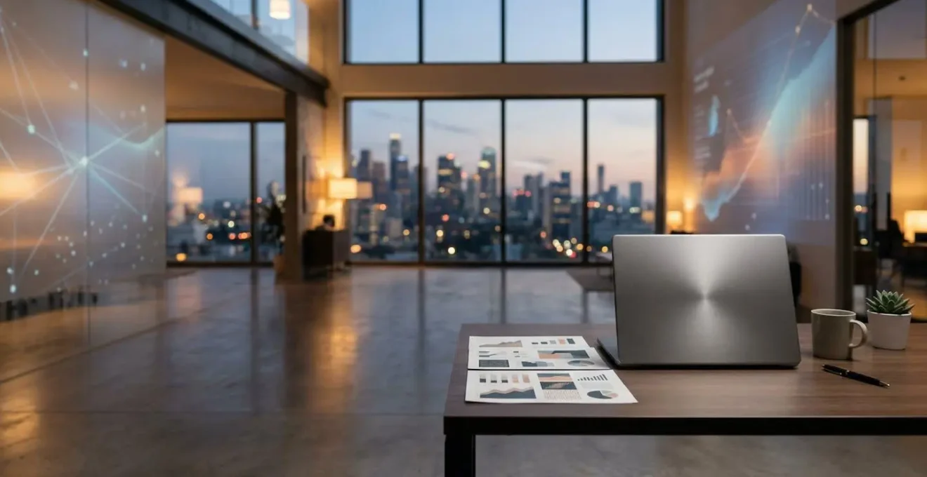 Professional workspace with financial reconciliation dashboard showing automated matching process