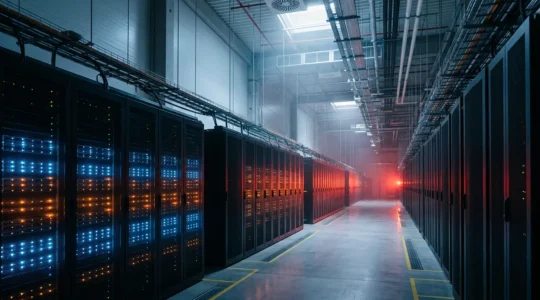 Overwhelmed data center during traffic spike showing server racks with glowing indicators