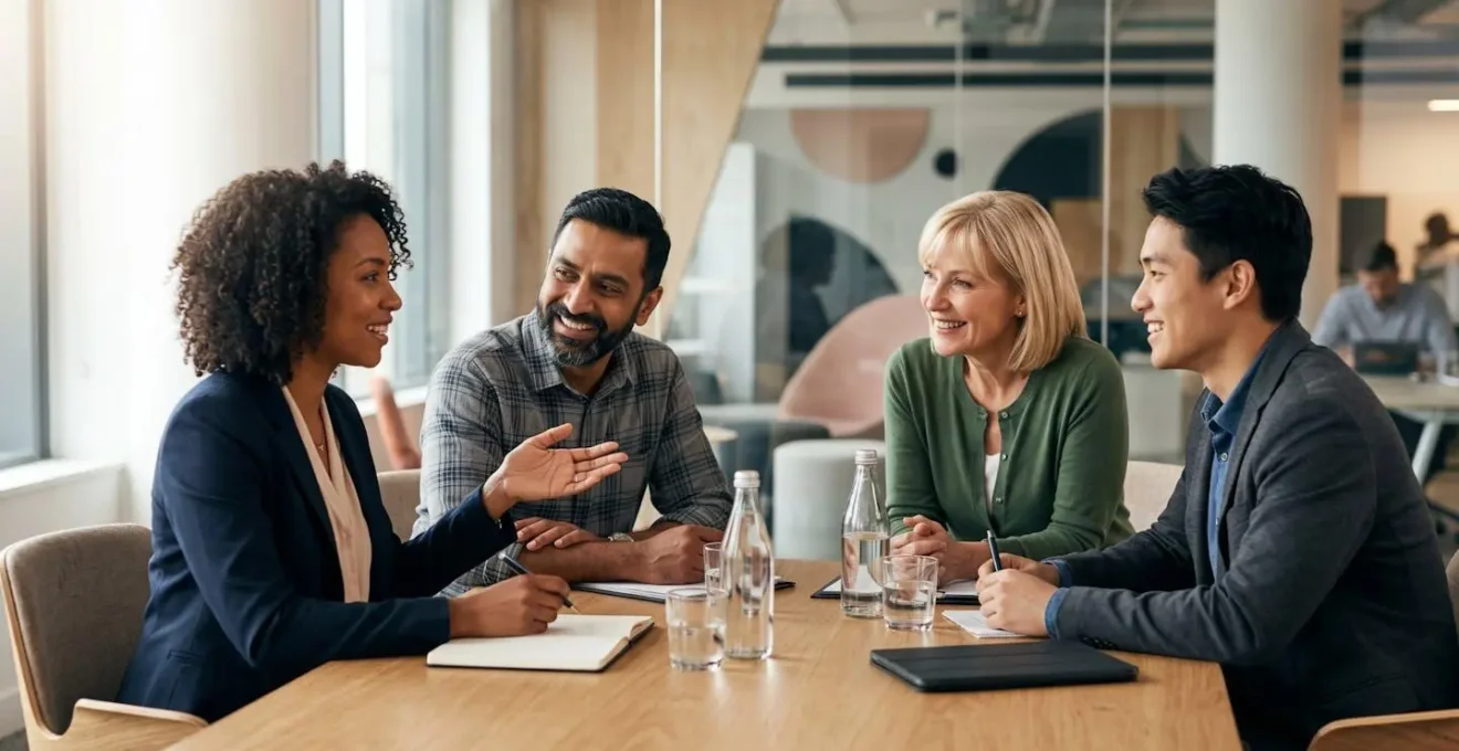 Business professionals in collaborative discussion around conference table