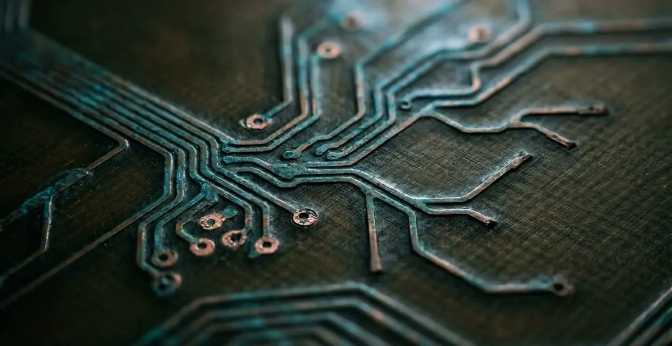 Macro view of circuit board patterns showing efficient pathways