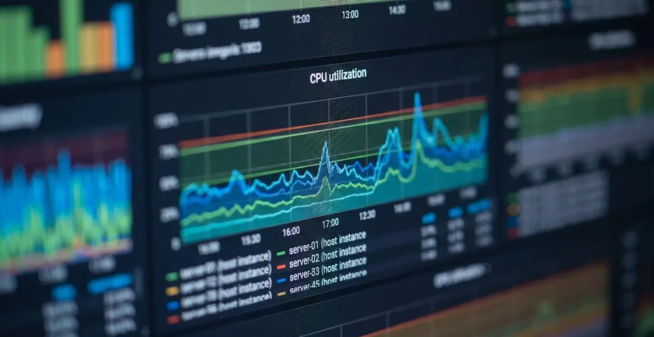 Close-up view of server monitoring dashboard showing CPU metrics and threshold indicators