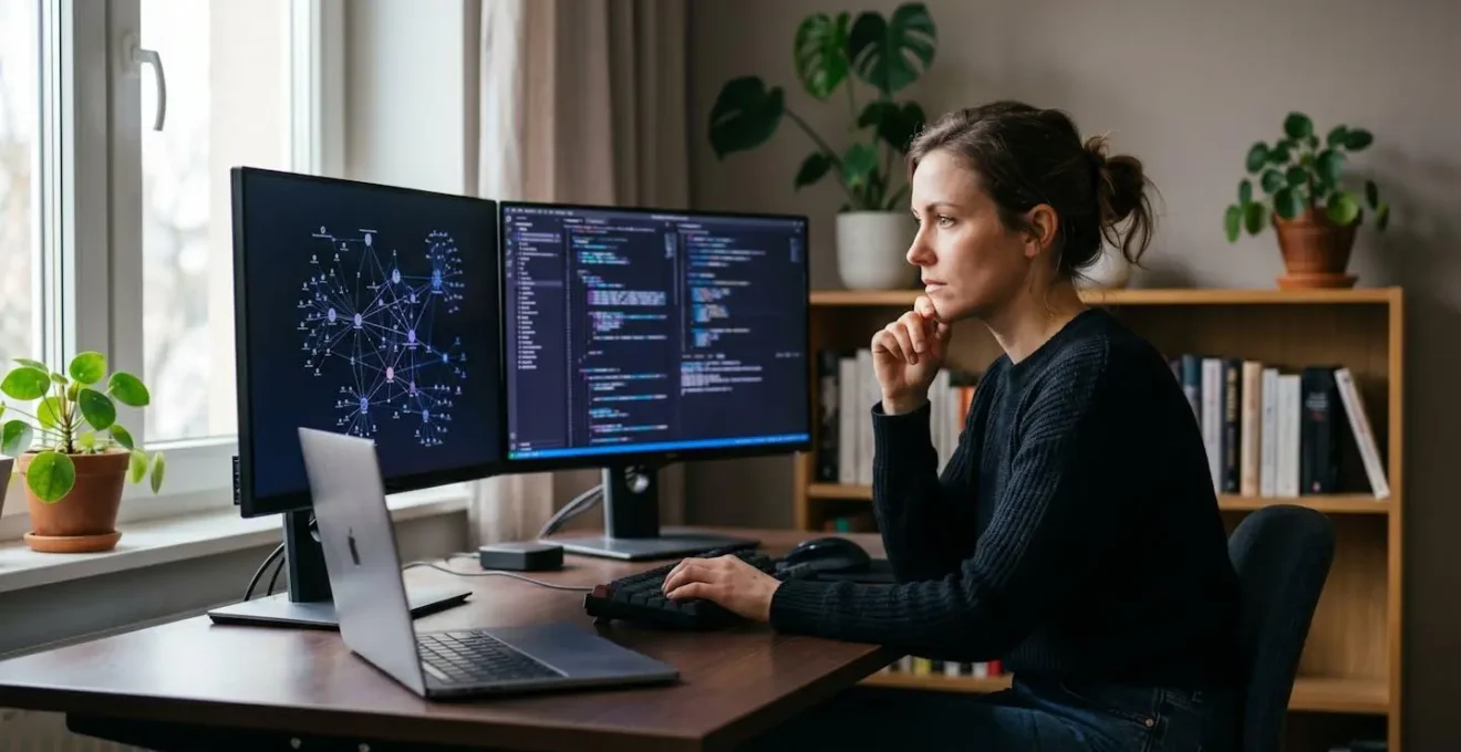 Focused security analyst in minimalist home office setup with multiple monitors