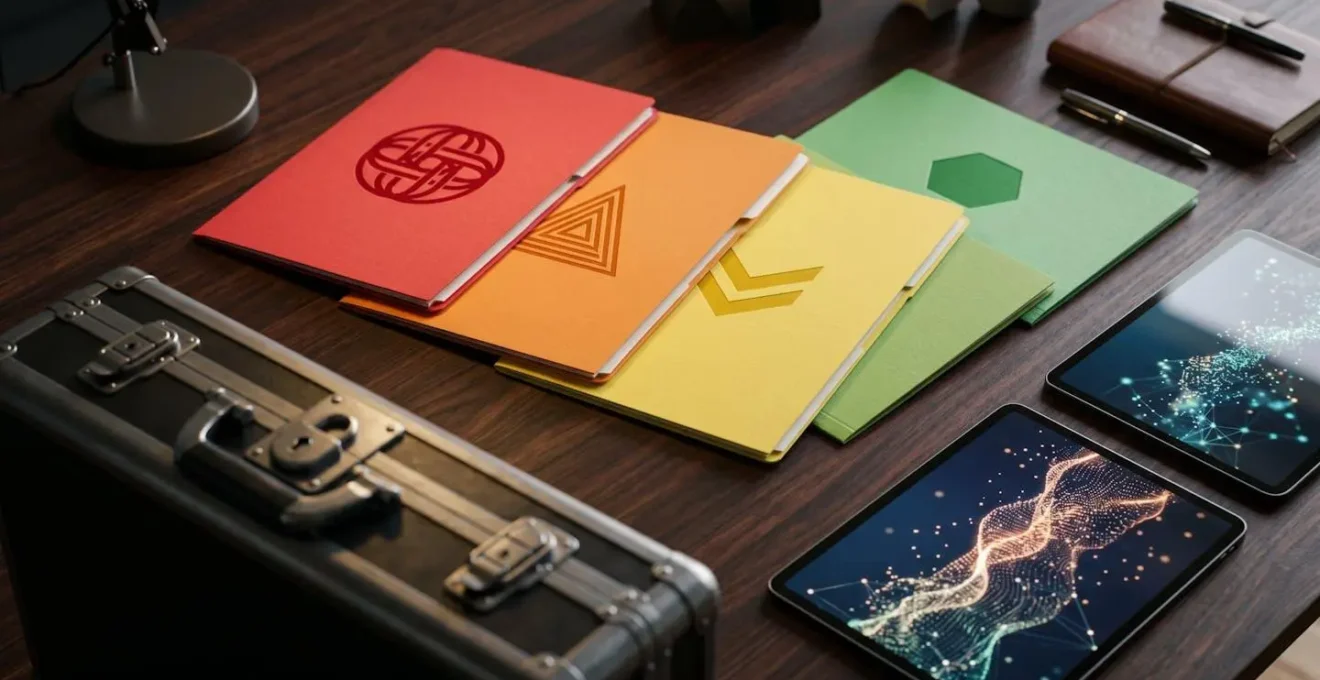 Office workspace showing color-coded folders and security badges representing different data classification levels