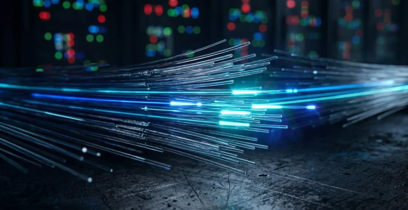 Macro shot of fiber optic cables creating a unidirectional data flow pattern, symbolizing a data diode.