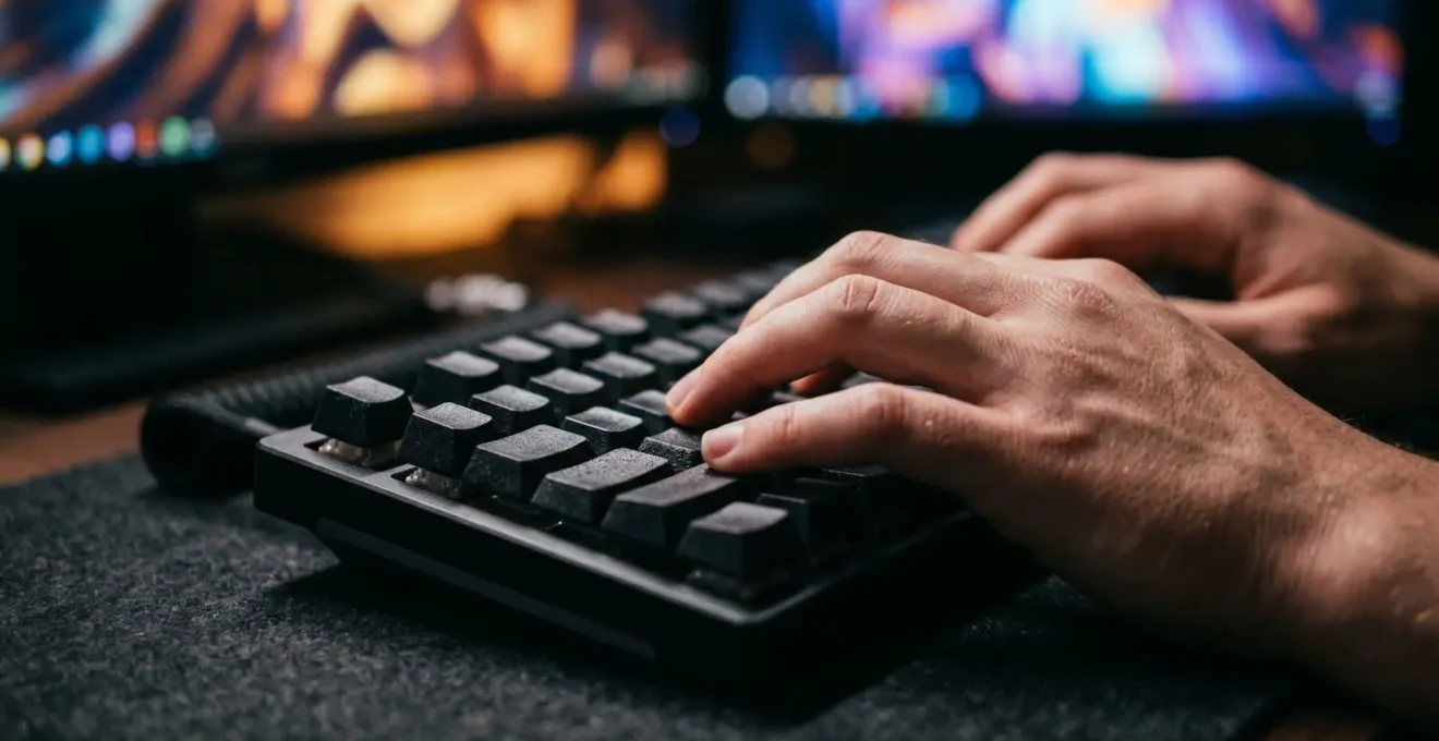 Close-up of hands typing code with abstract form patterns in background