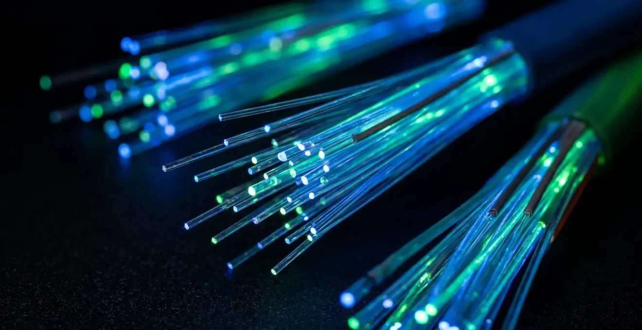 Macro view of fiber optic cables showing data transmission speed