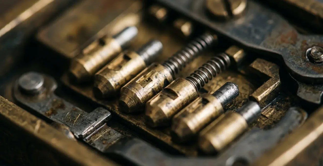 Extreme close-up of mechanical lock components representing distributed system synchronization