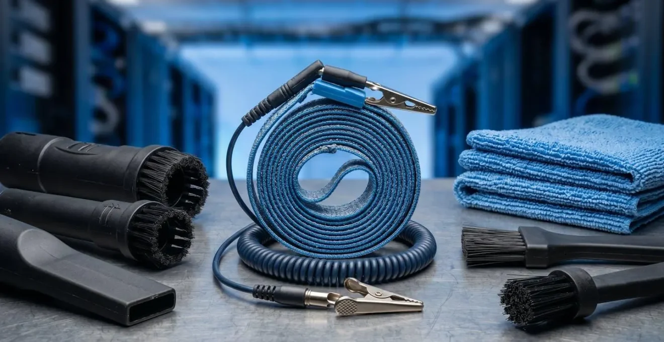 Professional ESD-safe cleaning equipment and anti-static materials arranged for server maintenance