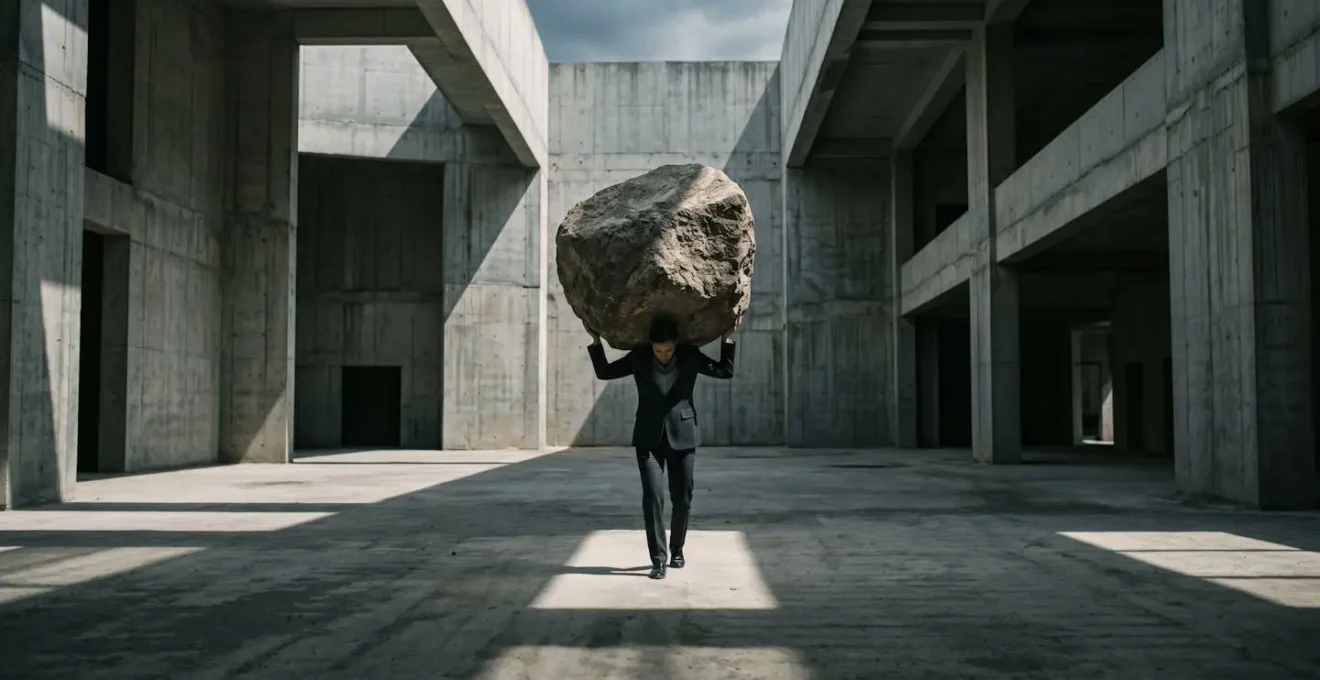 Visual metaphor of executive carrying heavy stone representing security responsibilities