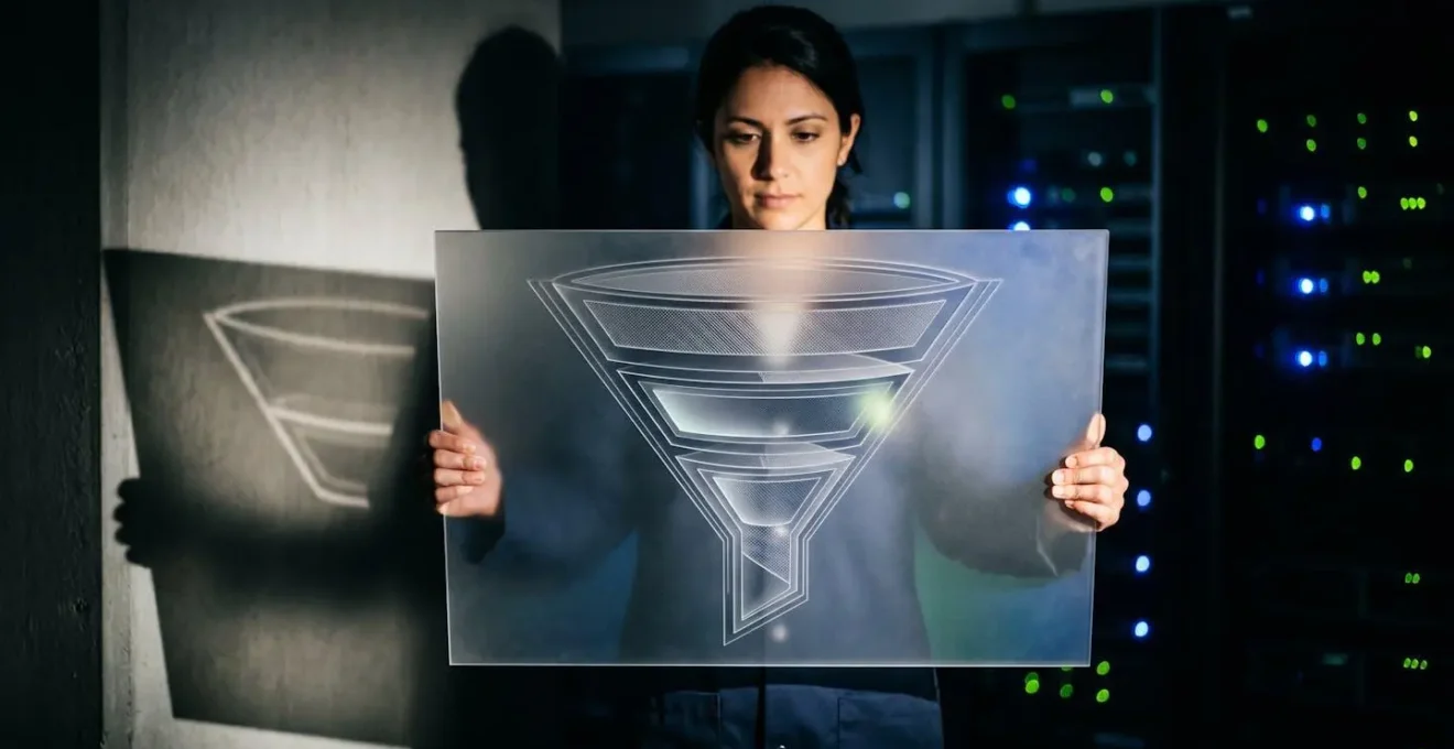 Data analyst examining user journey funnel patterns on translucent display