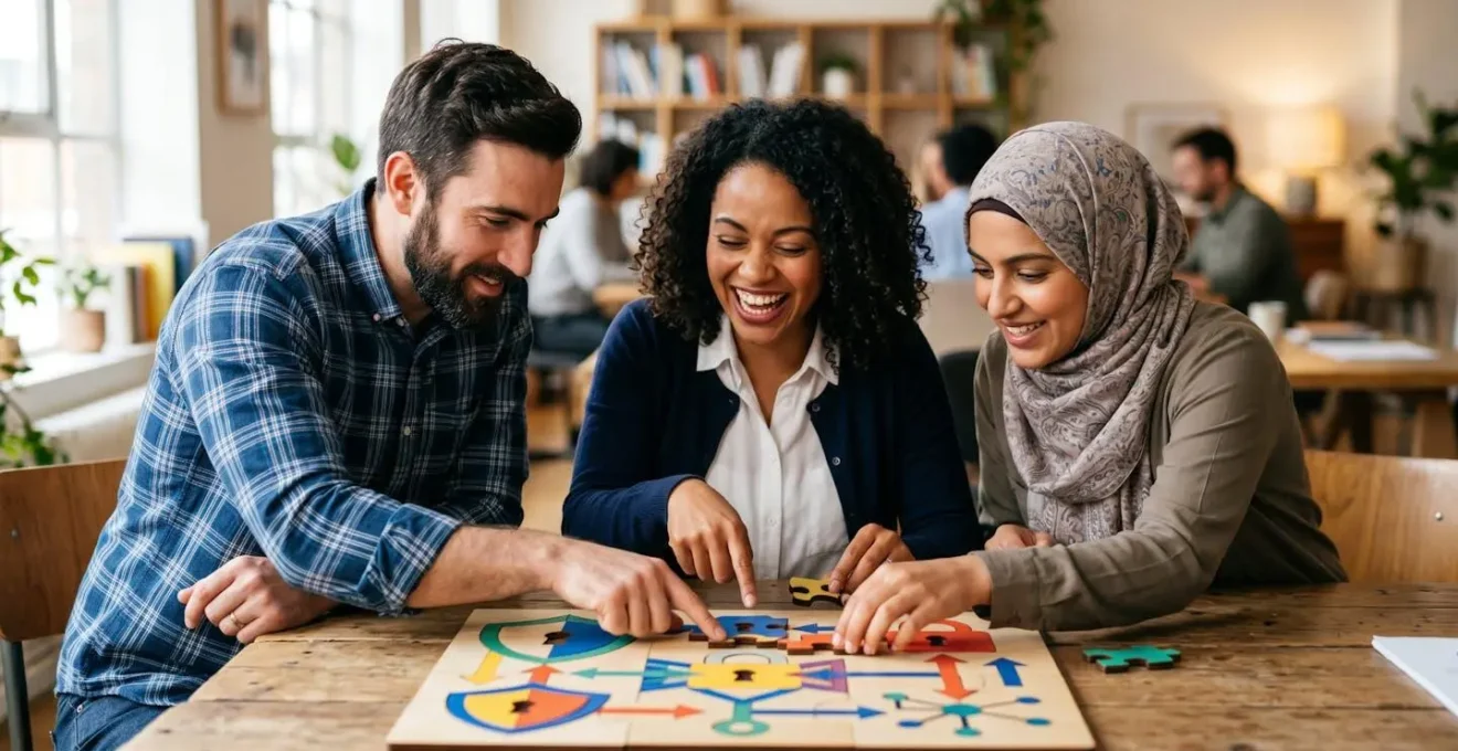 Employees collaborating on digital security challenges in a gamified environment