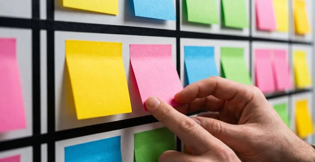 Close-up of hands arranging colorful task cards on a Kanban board for HR workflow