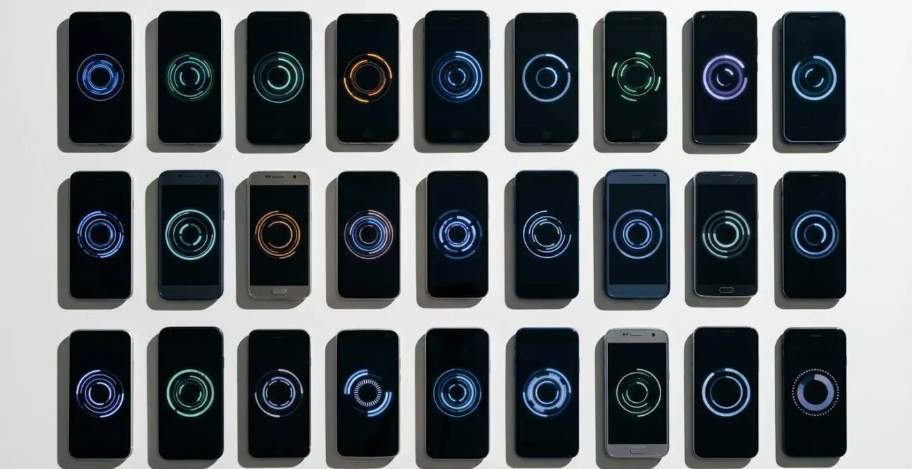 Multiple smartphones displaying loading animations in testing environment