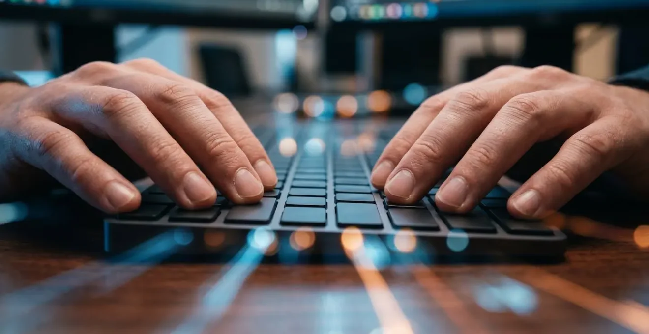 Close-up macro view of hands working with clean organized data workflow patterns