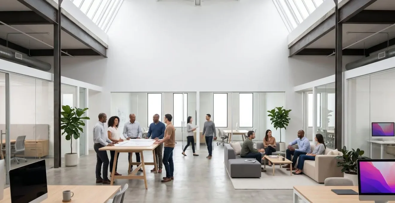 Wide shot of open office space with sales and product teams collaborating