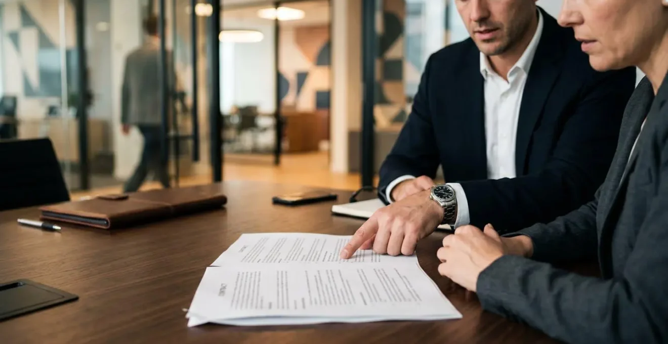 Business professionals reviewing documents in a modern office setting