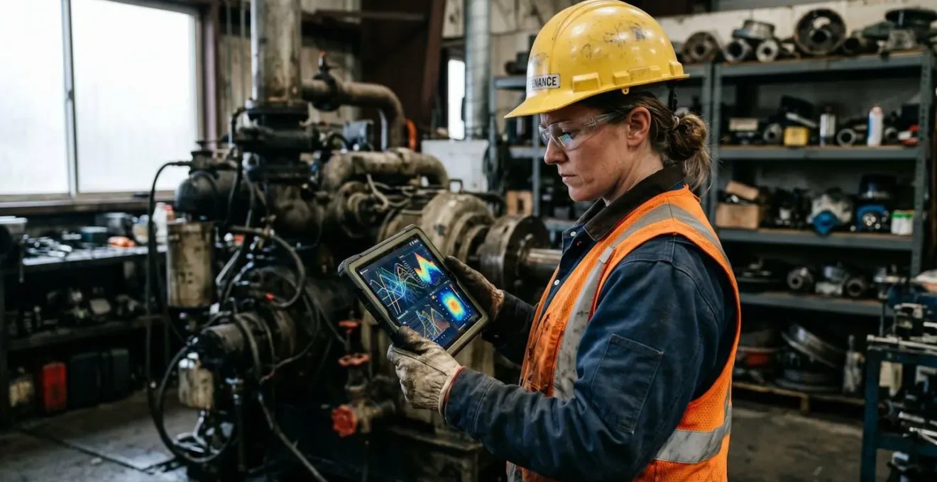 A professional analyst examining a dashboard for equipment failure prediction on a tablet in an industrial setting.
