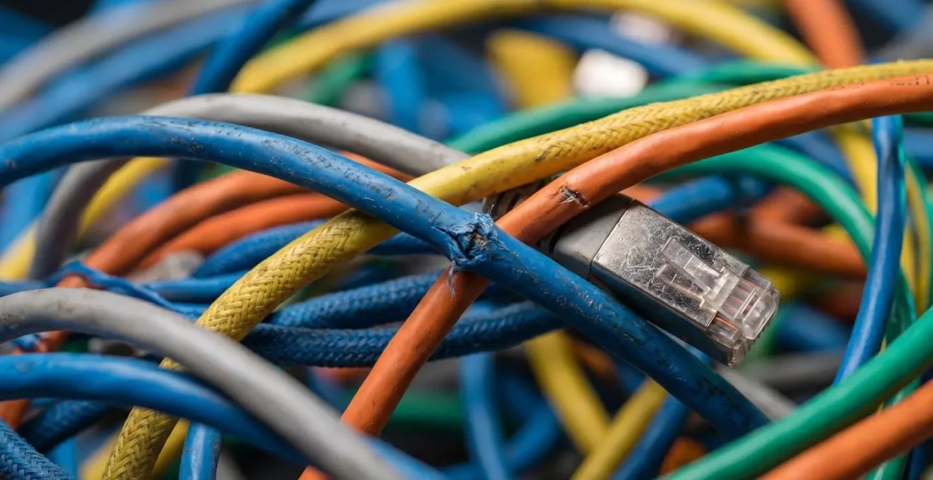 Macro shot of tangled ethernet cables showing technical complexity
