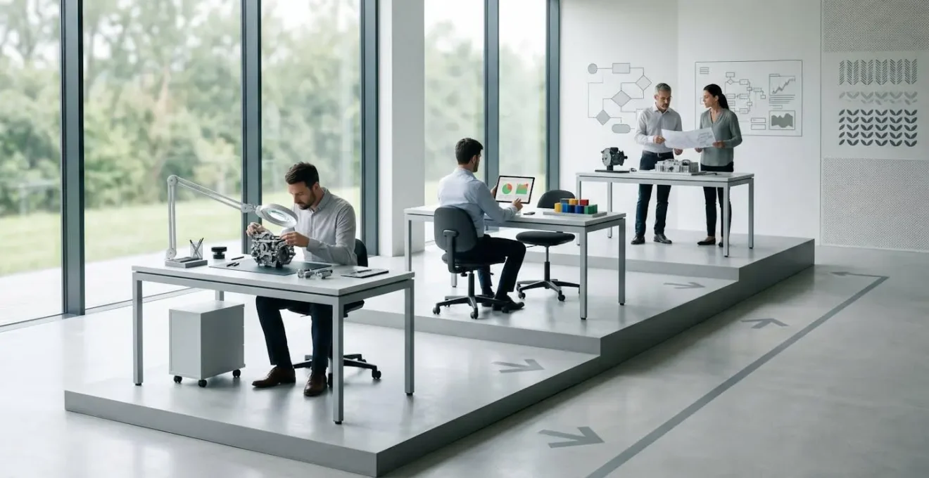 Three-level quality control station with verification checkpoints and review stages