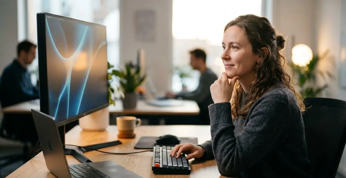 Professional analyzing automated data workflows on computer