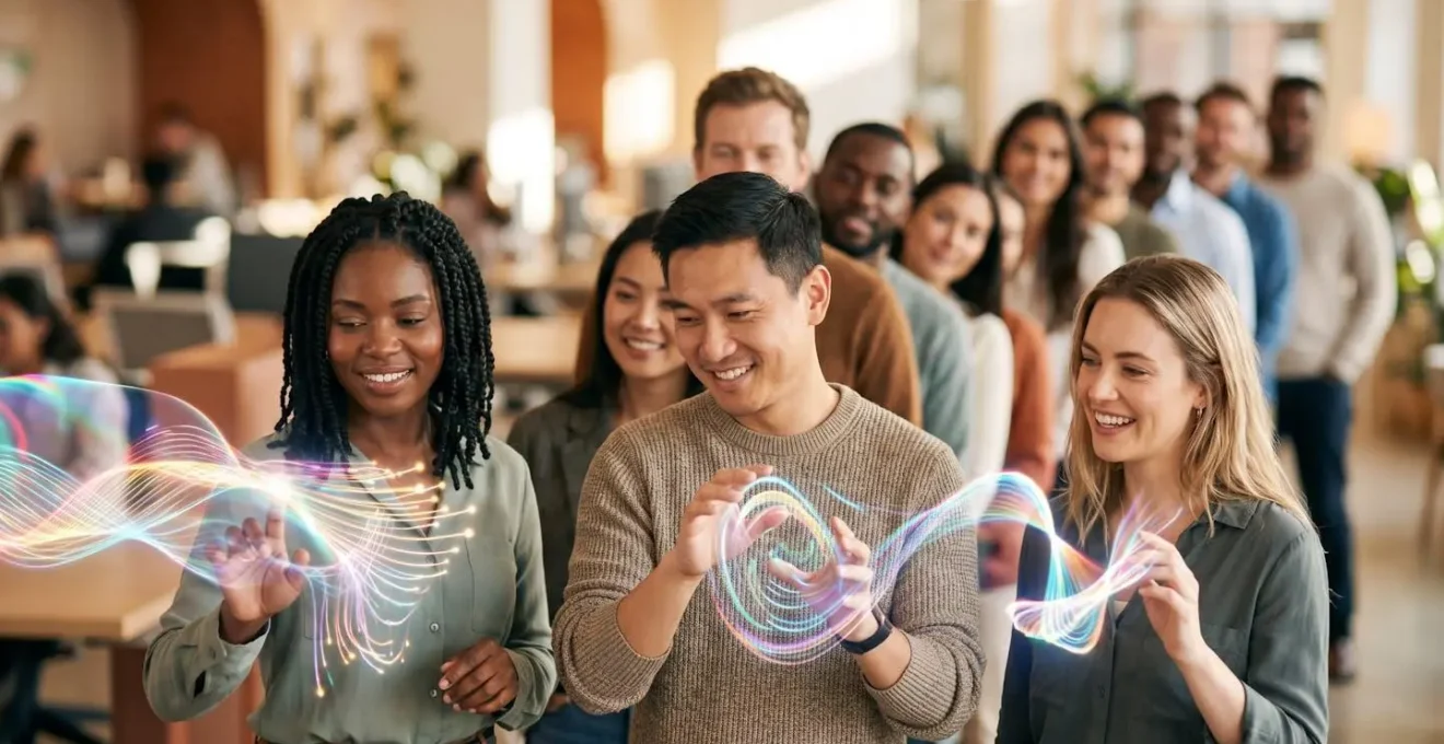 Gradual software rollout shown through expanding light patterns from small group to entire organization